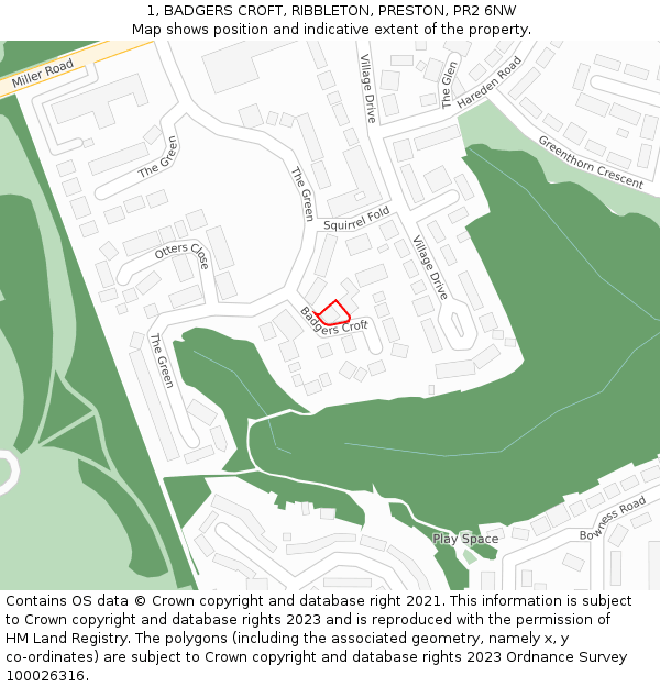 1, BADGERS CROFT, RIBBLETON, PRESTON, PR2 6NW: Location map and indicative extent of plot