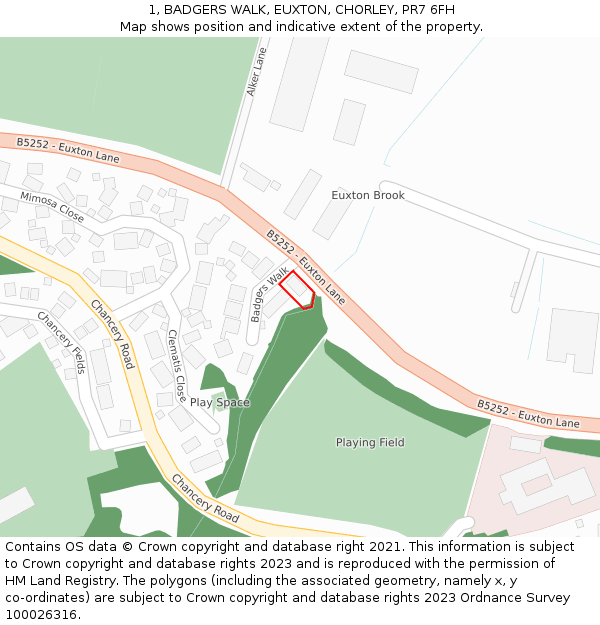 1, BADGERS WALK, EUXTON, CHORLEY, PR7 6FH: Location map and indicative extent of plot