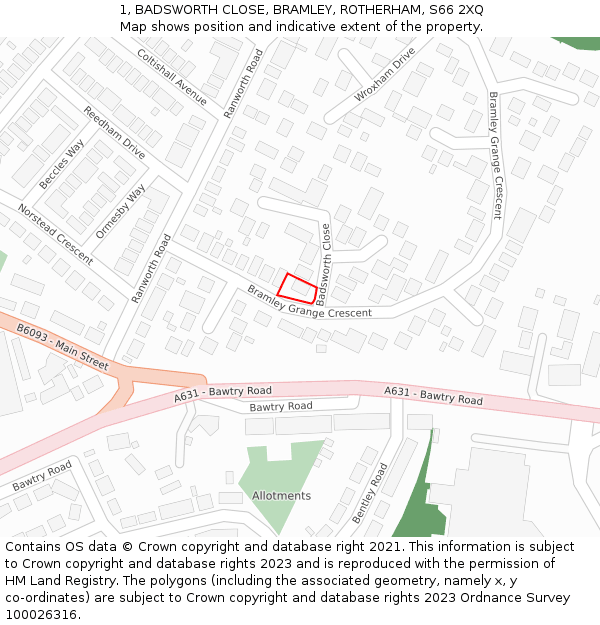 1, BADSWORTH CLOSE, BRAMLEY, ROTHERHAM, S66 2XQ: Location map and indicative extent of plot