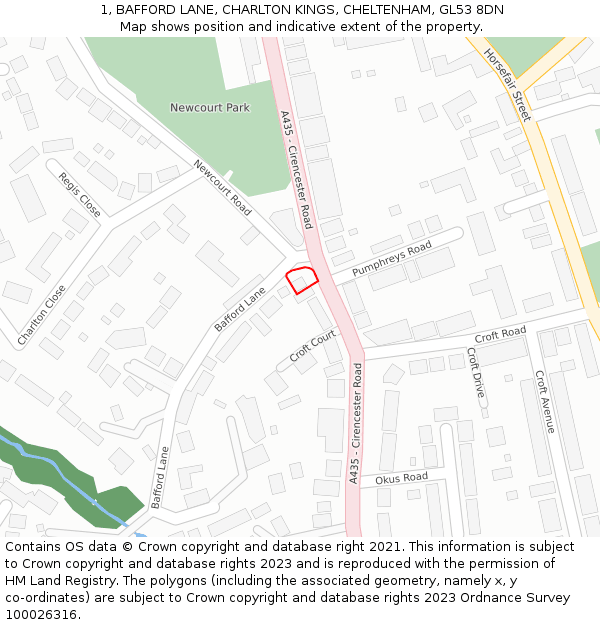 1, BAFFORD LANE, CHARLTON KINGS, CHELTENHAM, GL53 8DN: Location map and indicative extent of plot