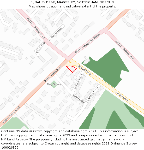 1, BAILEY DRIVE, MAPPERLEY, NOTTINGHAM, NG3 5US: Location map and indicative extent of plot