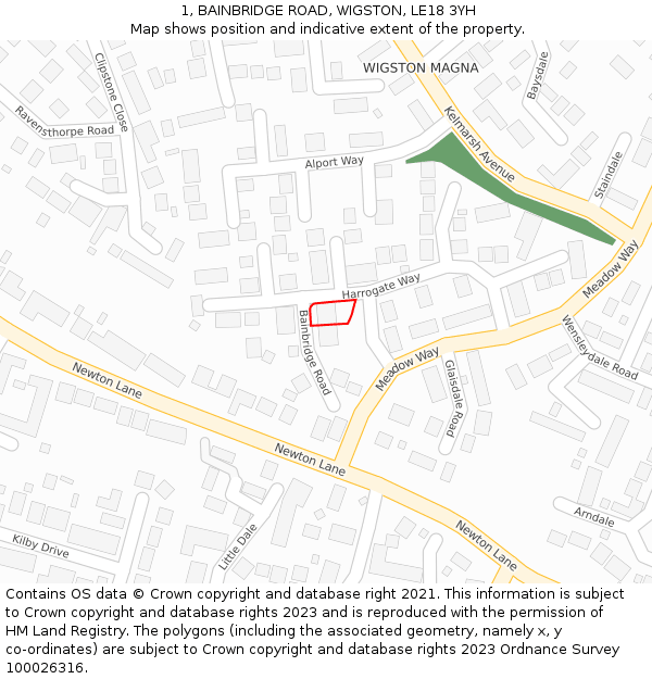 1, BAINBRIDGE ROAD, WIGSTON, LE18 3YH: Location map and indicative extent of plot