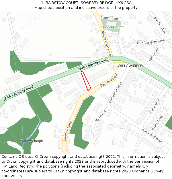 1, BAIRSTOW COURT, SOWERBY BRIDGE, HX6 2SA: Location map and indicative extent of plot