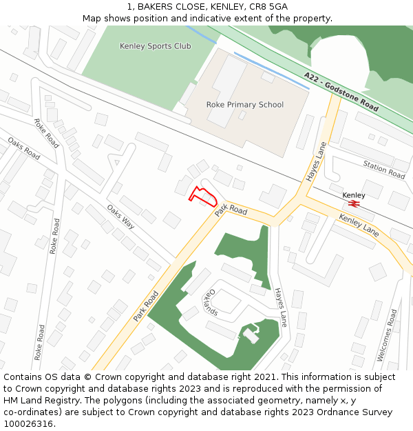 1, BAKERS CLOSE, KENLEY, CR8 5GA: Location map and indicative extent of plot