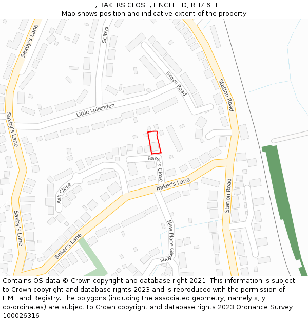 1, BAKERS CLOSE, LINGFIELD, RH7 6HF: Location map and indicative extent of plot