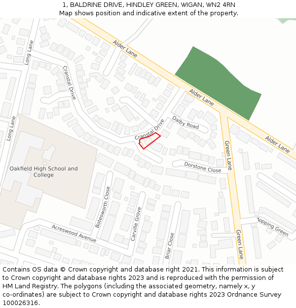 1, BALDRINE DRIVE, HINDLEY GREEN, WIGAN, WN2 4RN: Location map and indicative extent of plot