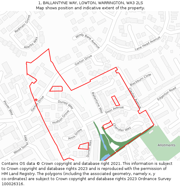 1, BALLANTYNE WAY, LOWTON, WARRINGTON, WA3 2LS: Location map and indicative extent of plot