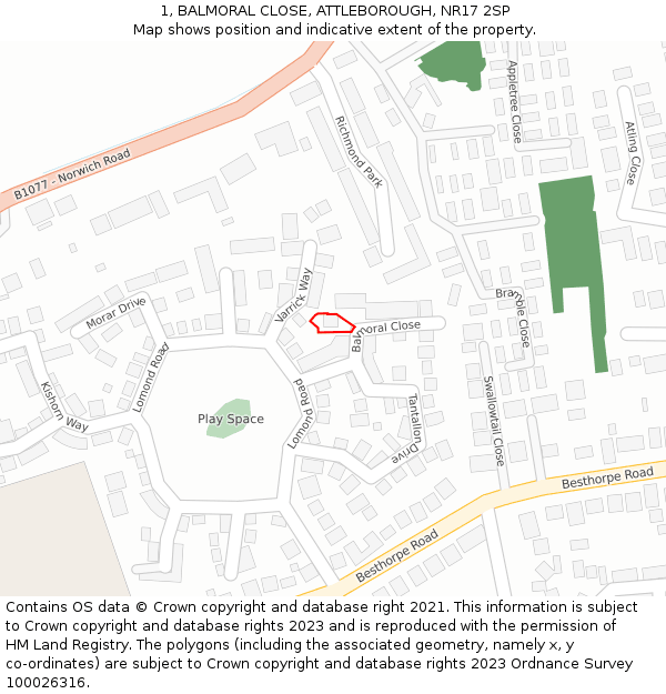 1, BALMORAL CLOSE, ATTLEBOROUGH, NR17 2SP: Location map and indicative extent of plot