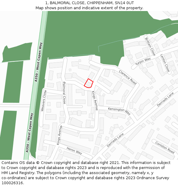 1, BALMORAL CLOSE, CHIPPENHAM, SN14 0UT: Location map and indicative extent of plot