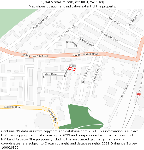 1, BALMORAL CLOSE, PENRITH, CA11 9BJ: Location map and indicative extent of plot