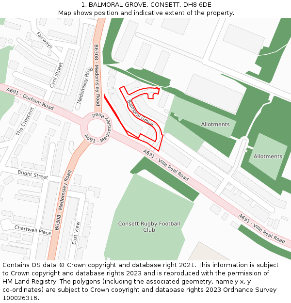 1, BALMORAL GROVE, CONSETT, DH8 6DE: Location map and indicative extent of plot