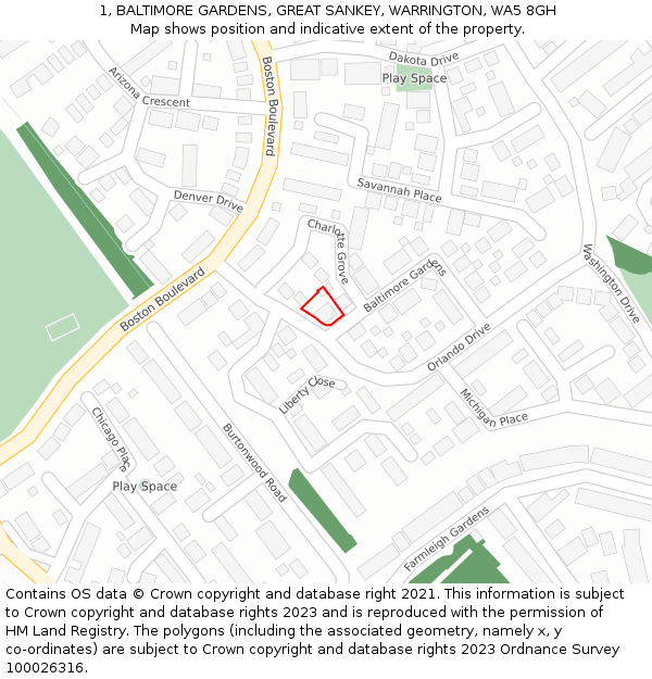 1, BALTIMORE GARDENS, GREAT SANKEY, WARRINGTON, WA5 8GH: Location map and indicative extent of plot