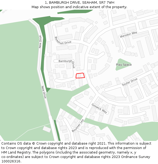 1, BAMBURGH DRIVE, SEAHAM, SR7 7WH: Location map and indicative extent of plot