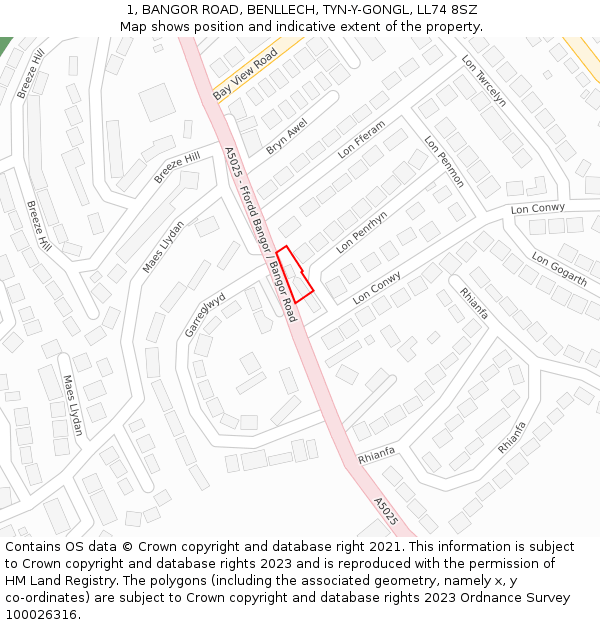 1, BANGOR ROAD, BENLLECH, TYN-Y-GONGL, LL74 8SZ: Location map and indicative extent of plot