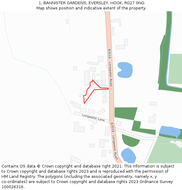1, BANNISTER GARDENS, EVERSLEY, HOOK, RG27 0NG: Location map and indicative extent of plot