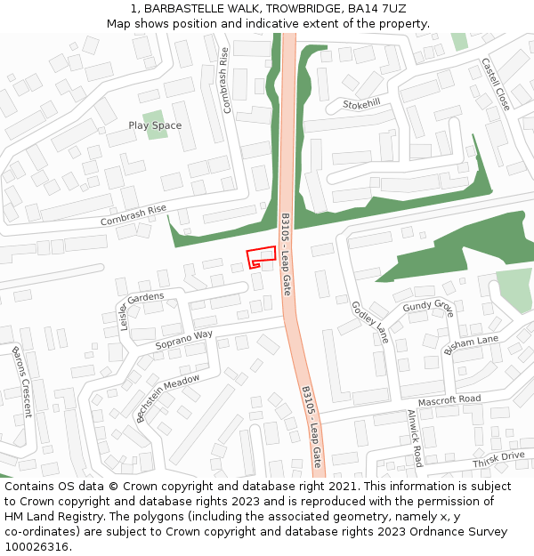 1, BARBASTELLE WALK, TROWBRIDGE, BA14 7UZ: Location map and indicative extent of plot