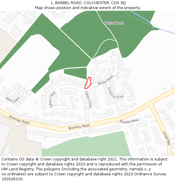 1, BARBEL ROAD, COLCHESTER, CO4 3EJ: Location map and indicative extent of plot