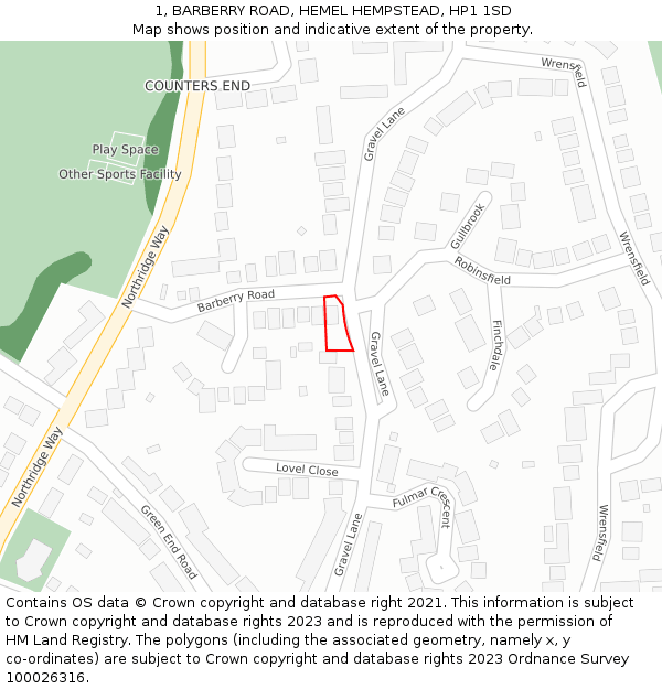 1, BARBERRY ROAD, HEMEL HEMPSTEAD, HP1 1SD: Location map and indicative extent of plot