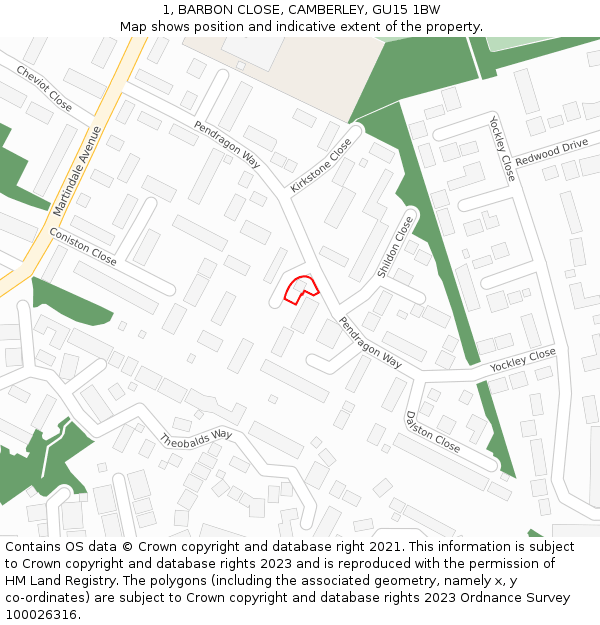 1, BARBON CLOSE, CAMBERLEY, GU15 1BW: Location map and indicative extent of plot