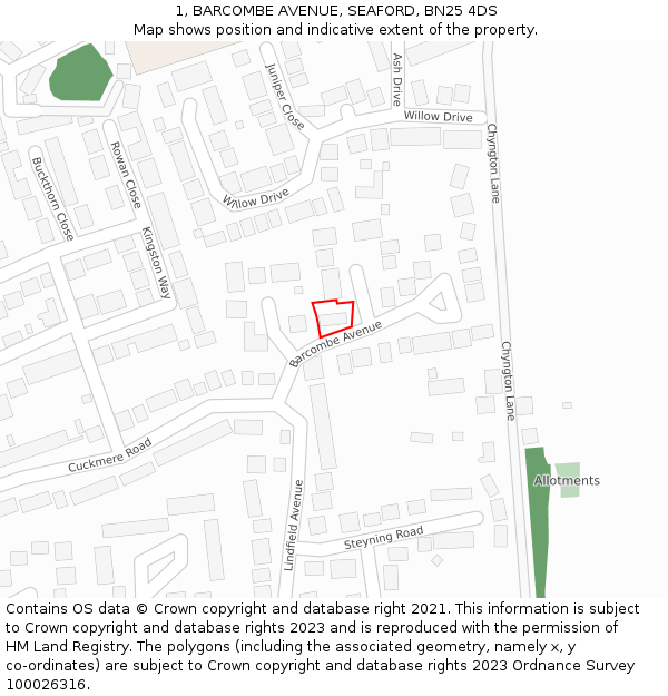 1, BARCOMBE AVENUE, SEAFORD, BN25 4DS: Location map and indicative extent of plot