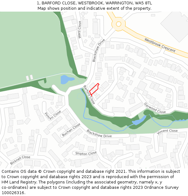 1, BARFORD CLOSE, WESTBROOK, WARRINGTON, WA5 8TL: Location map and indicative extent of plot