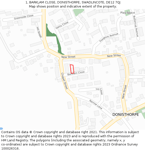 1, BARKLAM CLOSE, DONISTHORPE, SWADLINCOTE, DE12 7QJ: Location map and indicative extent of plot