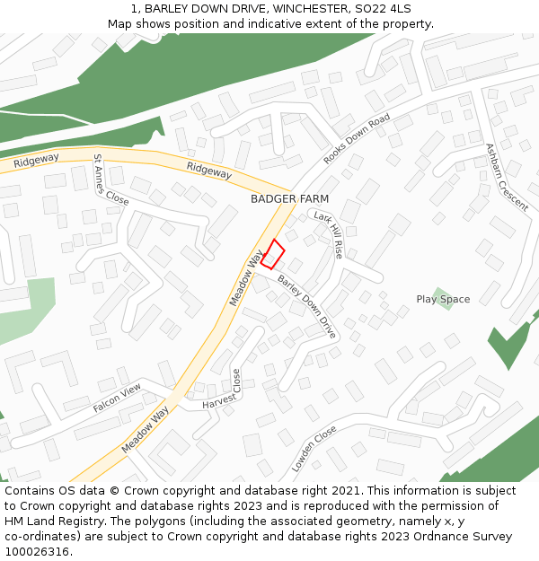 1, BARLEY DOWN DRIVE, WINCHESTER, SO22 4LS: Location map and indicative extent of plot
