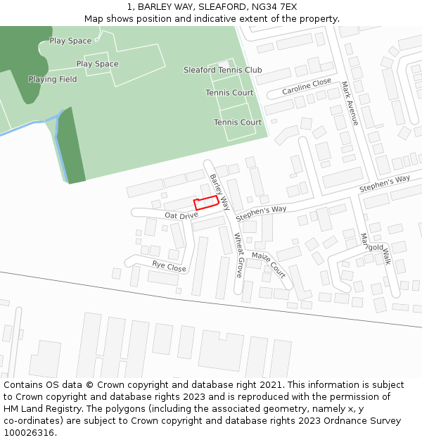 1, BARLEY WAY, SLEAFORD, NG34 7EX: Location map and indicative extent of plot