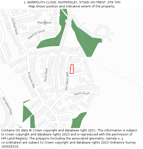 1, BARMOUTH CLOSE, KNYPERSLEY, STOKE-ON-TRENT, ST8 7XN: Location map and indicative extent of plot