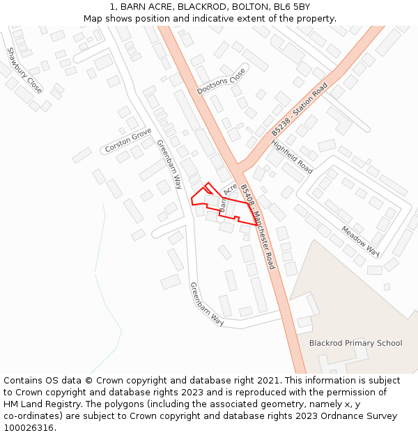 1, BARN ACRE, BLACKROD, BOLTON, BL6 5BY: Location map and indicative extent of plot