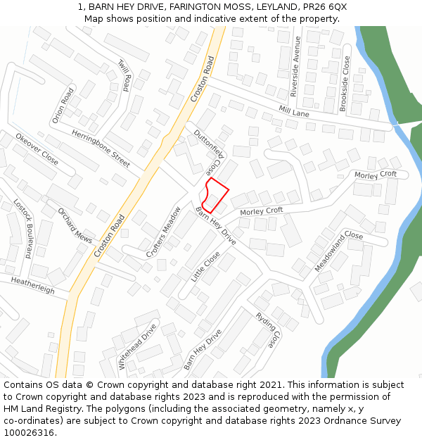 1, BARN HEY DRIVE, FARINGTON MOSS, LEYLAND, PR26 6QX: Location map and indicative extent of plot