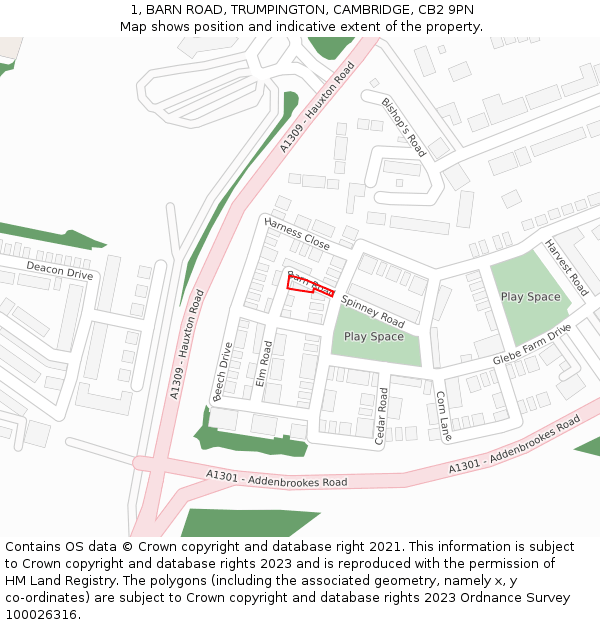 1, BARN ROAD, TRUMPINGTON, CAMBRIDGE, CB2 9PN: Location map and indicative extent of plot