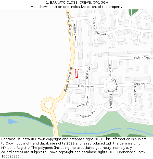 1, BARNATO CLOSE, CREWE, CW1 3GH: Location map and indicative extent of plot