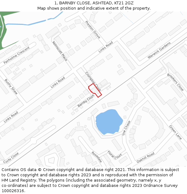 1, BARNBY CLOSE, ASHTEAD, KT21 2GZ: Location map and indicative extent of plot