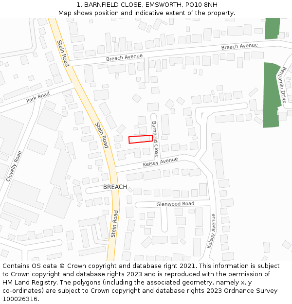 1, BARNFIELD CLOSE, EMSWORTH, PO10 8NH: Location map and indicative extent of plot