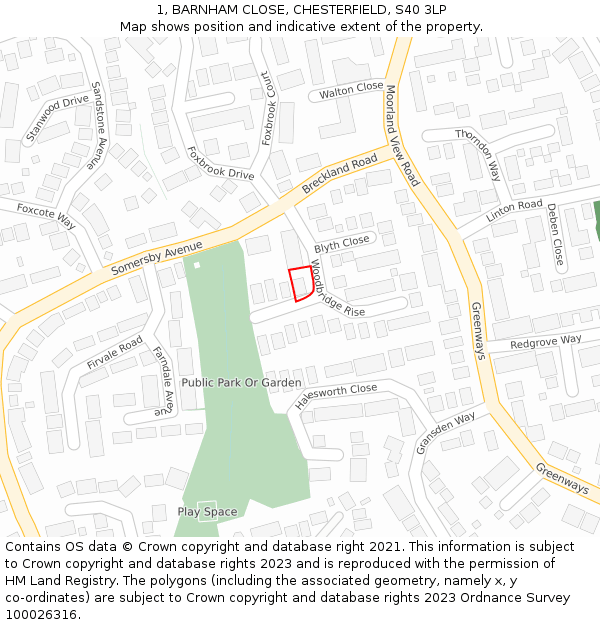 1, BARNHAM CLOSE, CHESTERFIELD, S40 3LP: Location map and indicative extent of plot