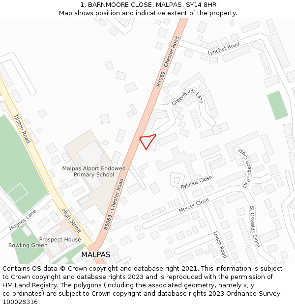 1, BARNMOORE CLOSE, MALPAS, SY14 8HR: Location map and indicative extent of plot