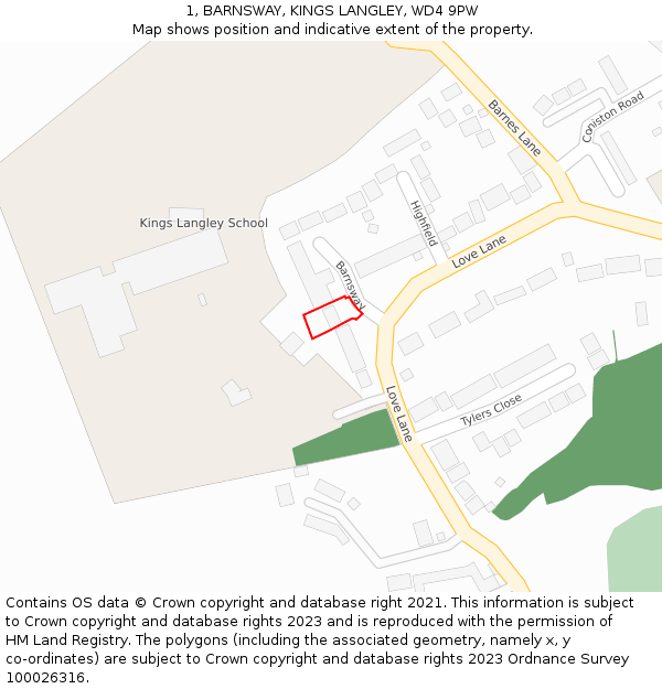 1, BARNSWAY, KINGS LANGLEY, WD4 9PW: Location map and indicative extent of plot