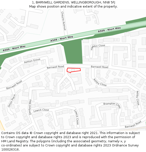 1, BARNWELL GARDENS, WELLINGBOROUGH, NN8 5FJ: Location map and indicative extent of plot