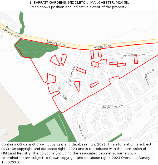1, BARRATT GARDENS, MIDDLETON, MANCHESTER, M24 5JU: Location map and indicative extent of plot