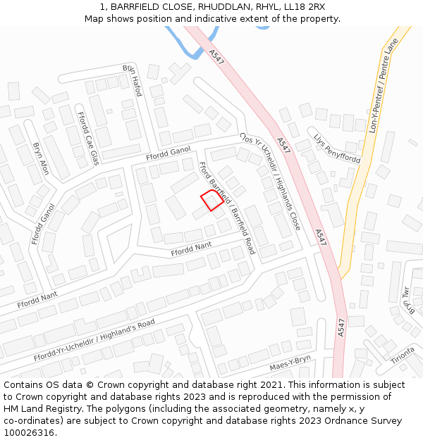 1, BARRFIELD CLOSE, RHUDDLAN, RHYL, LL18 2RX: Location map and indicative extent of plot