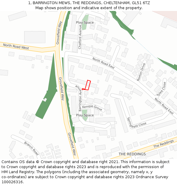 1, BARRINGTON MEWS, THE REDDINGS, CHELTENHAM, GL51 6TZ: Location map and indicative extent of plot