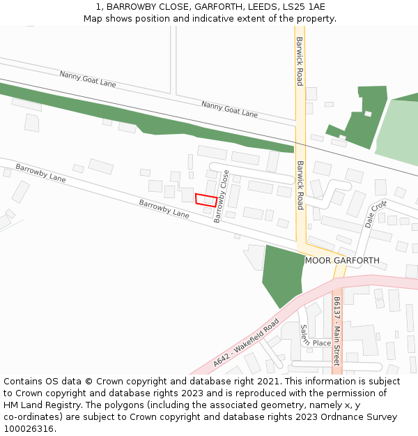 1, BARROWBY CLOSE, GARFORTH, LEEDS, LS25 1AE: Location map and indicative extent of plot