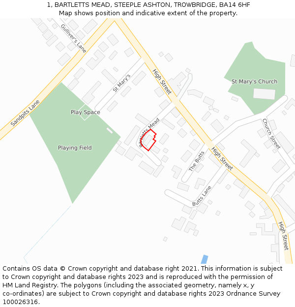 1, BARTLETTS MEAD, STEEPLE ASHTON, TROWBRIDGE, BA14 6HF: Location map and indicative extent of plot