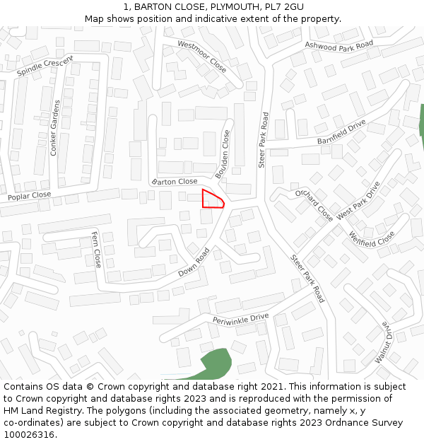 1, BARTON CLOSE, PLYMOUTH, PL7 2GU: Location map and indicative extent of plot