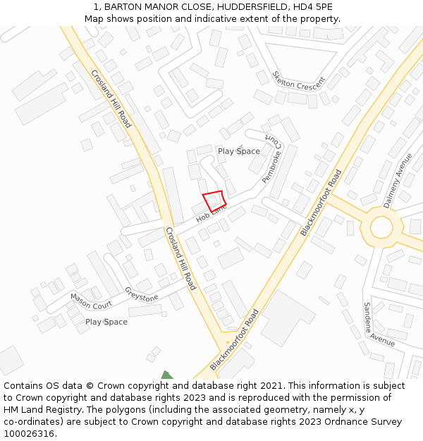 1, BARTON MANOR CLOSE, HUDDERSFIELD, HD4 5PE: Location map and indicative extent of plot