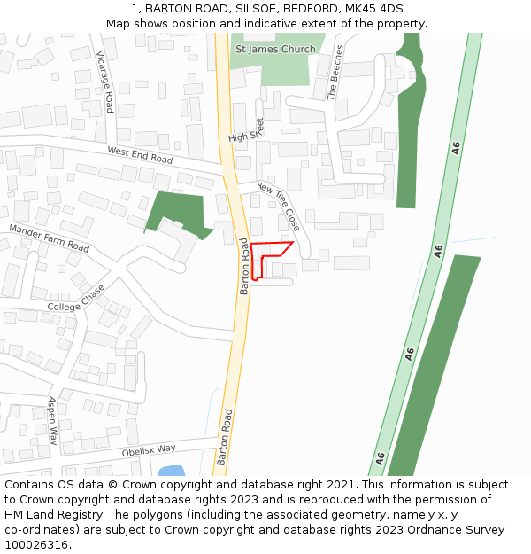 1, BARTON ROAD, SILSOE, BEDFORD, MK45 4DS: Location map and indicative extent of plot
