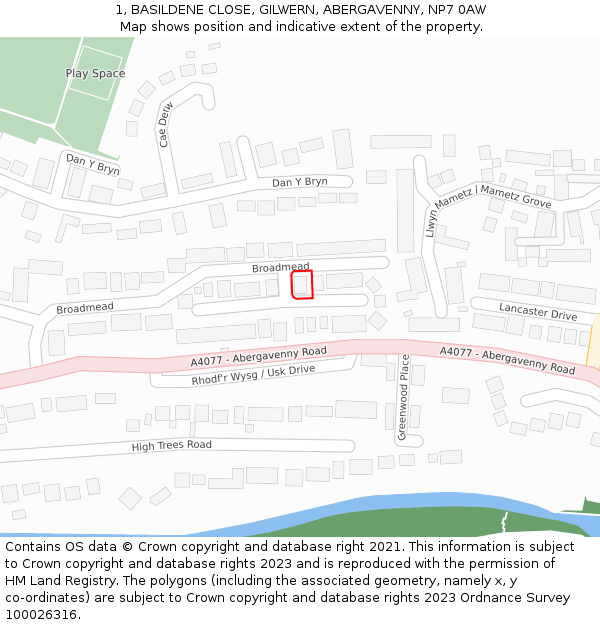 1, BASILDENE CLOSE, GILWERN, ABERGAVENNY, NP7 0AW: Location map and indicative extent of plot