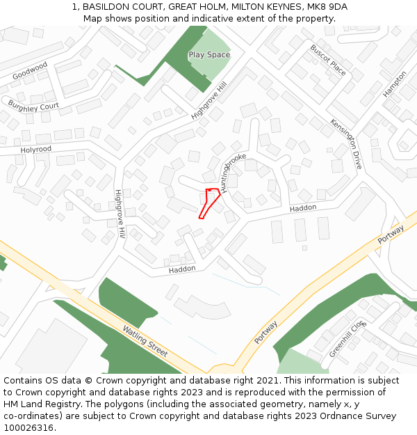 1, BASILDON COURT, GREAT HOLM, MILTON KEYNES, MK8 9DA: Location map and indicative extent of plot