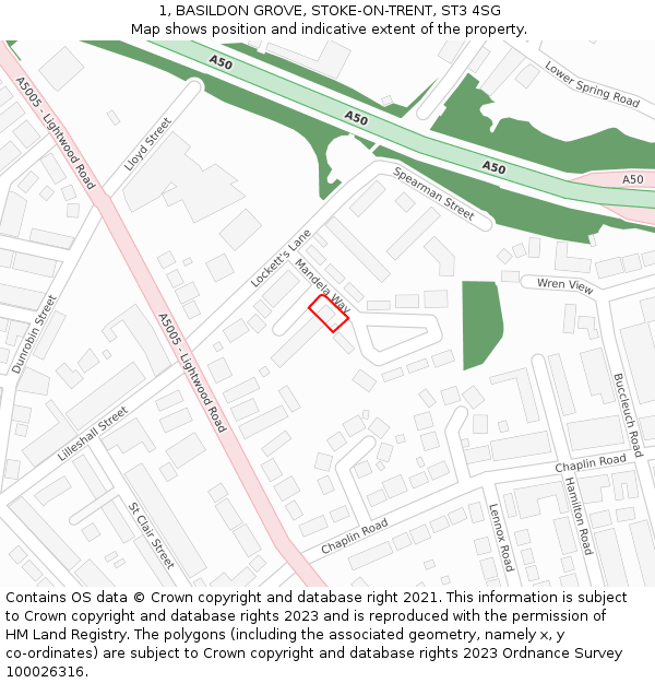 1, BASILDON GROVE, STOKE-ON-TRENT, ST3 4SG: Location map and indicative extent of plot